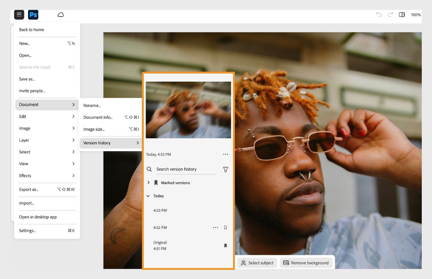 לוח היסטוריה של גרסאות מציג את גרסאות המסמך, שניתן לשחזר בקלות לעריכות נוספות.