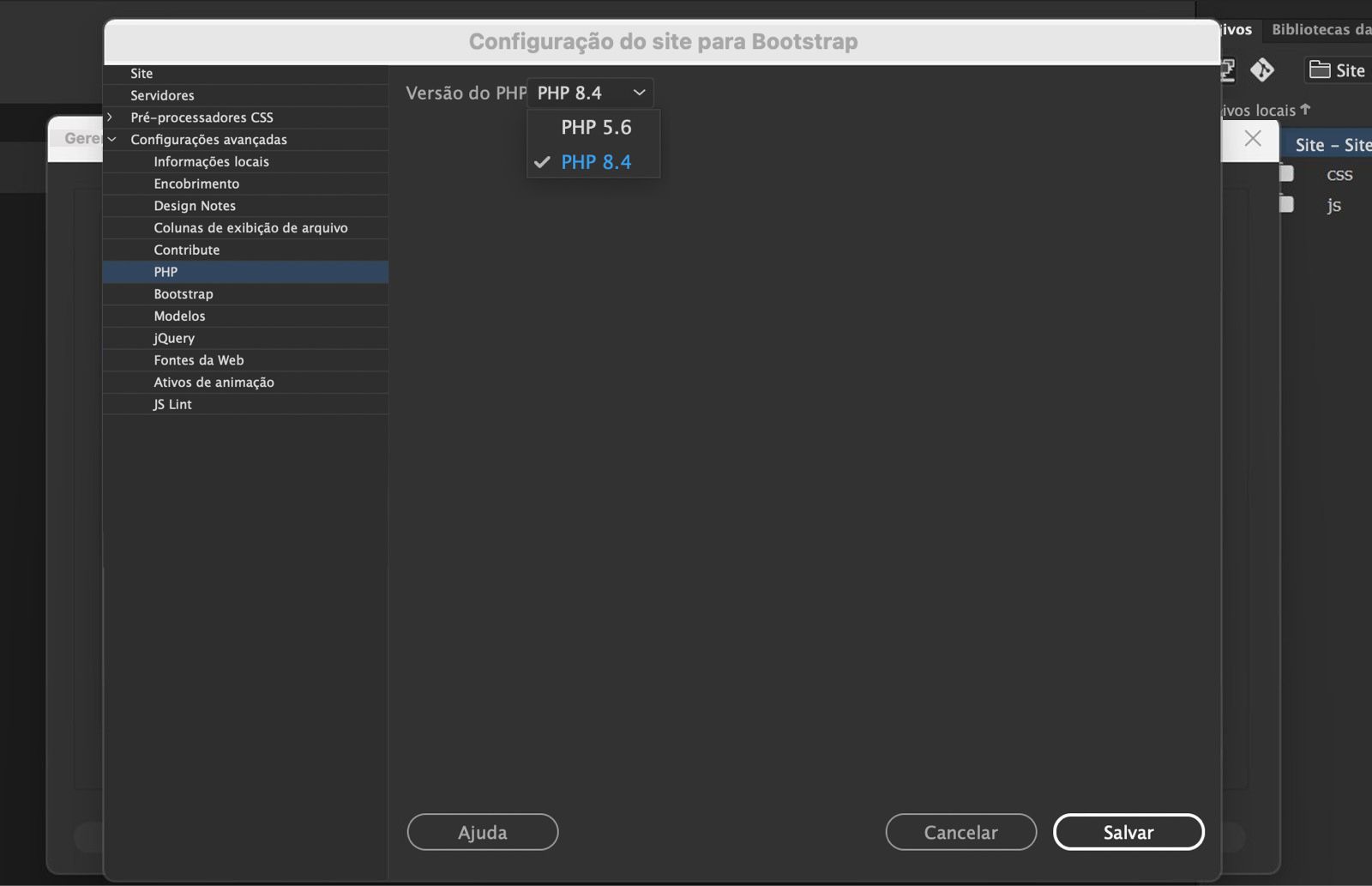 Definir preferências de PHP de acordo com o site