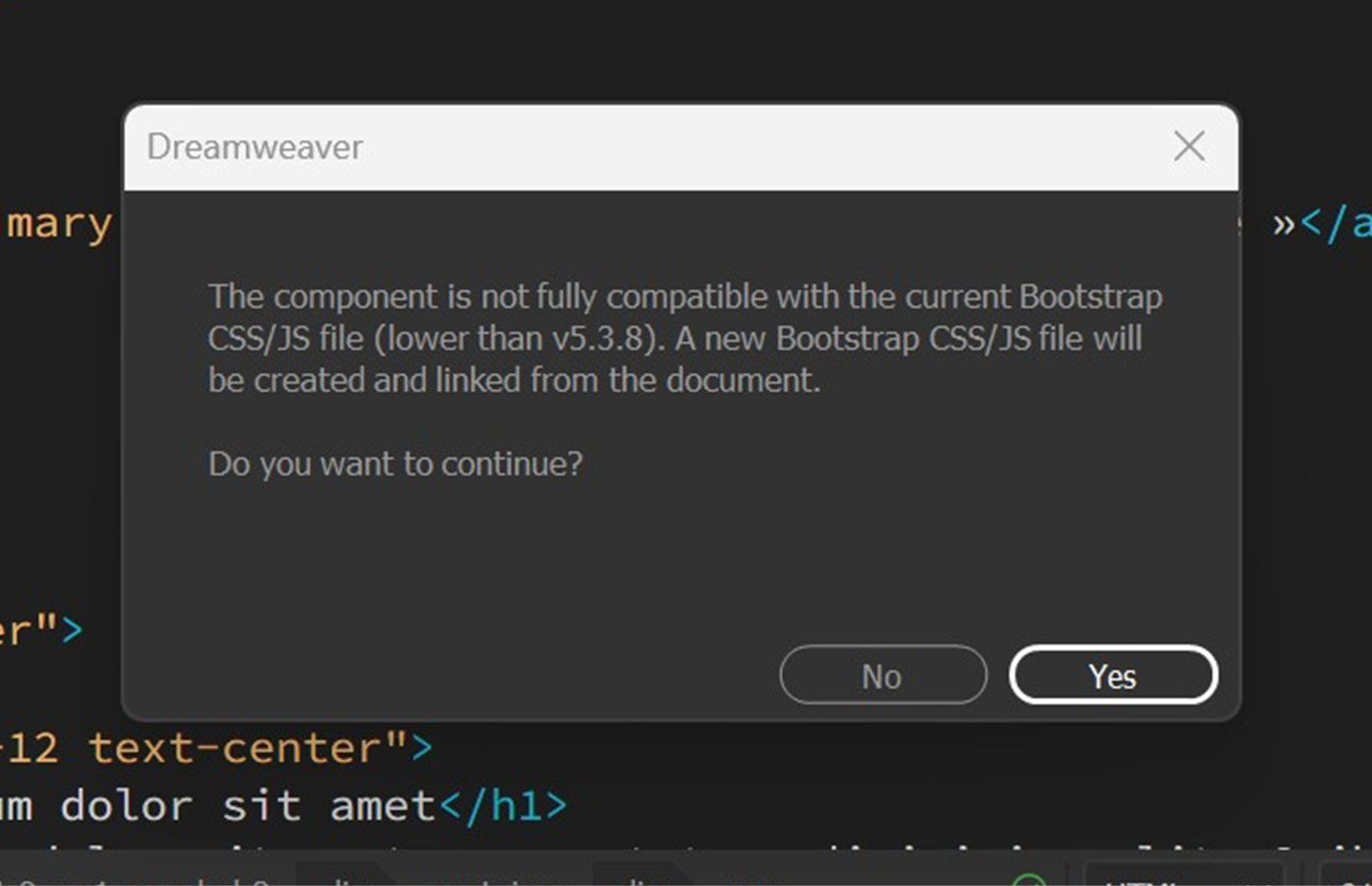 La finestra di dialogo di conferma è aperta per confermare l'aggiornamento della versione Bootstrap per la compatibilità con le opzioni Sì o No.