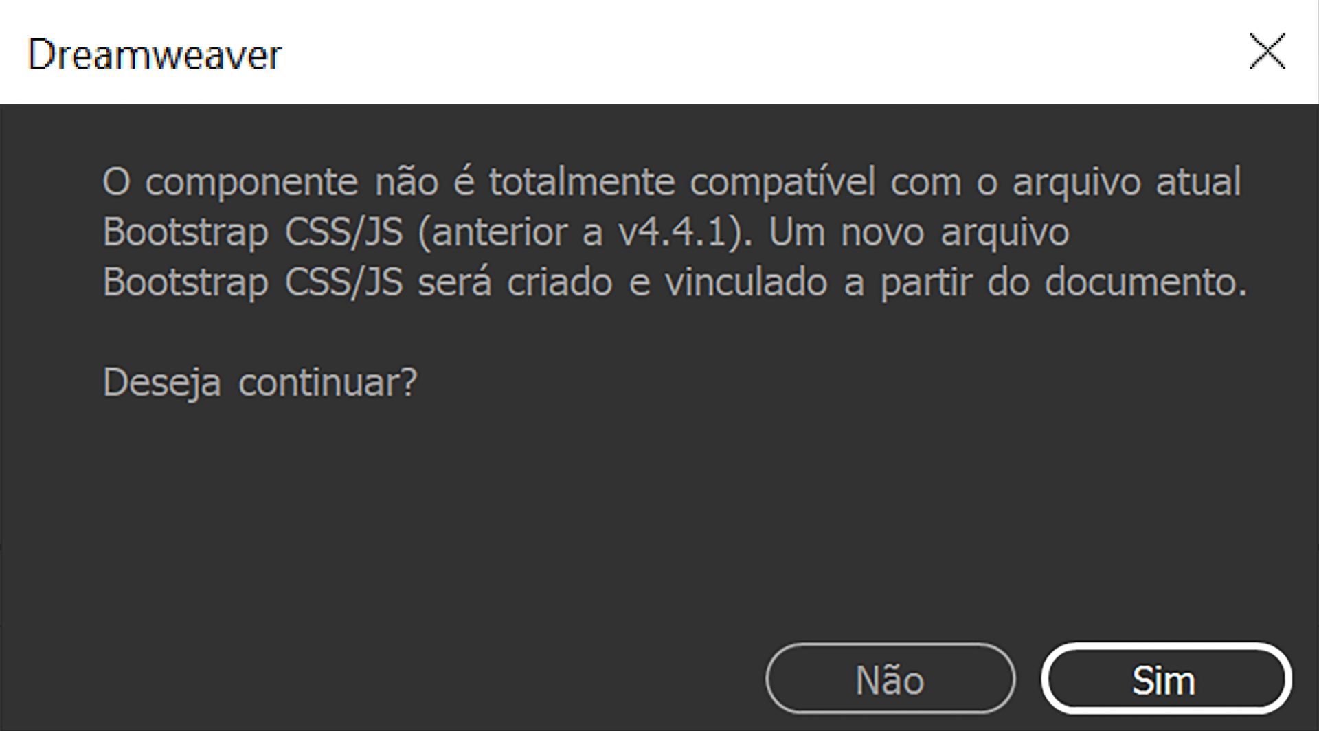 Caixa de diálogo de confirmação da compatibilidade de versões