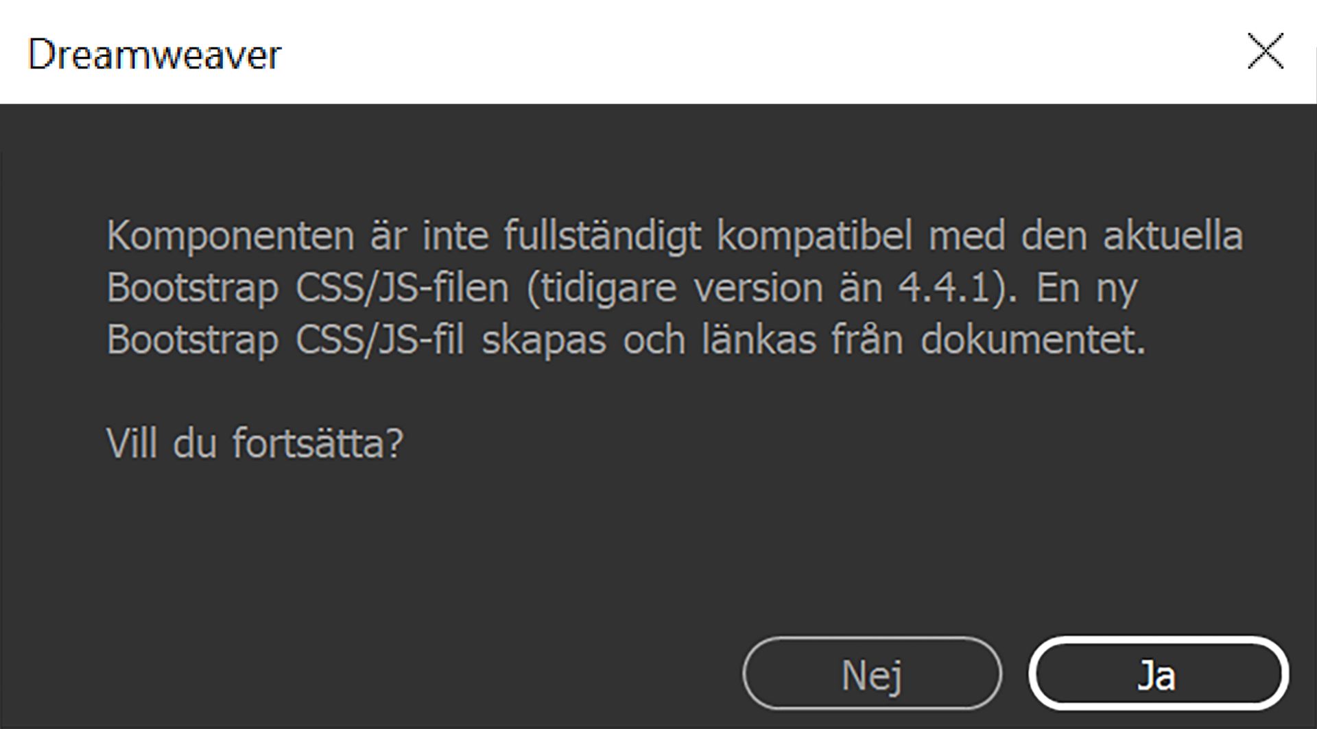 Bekräftelsedialogruta för versionskompatibilitet