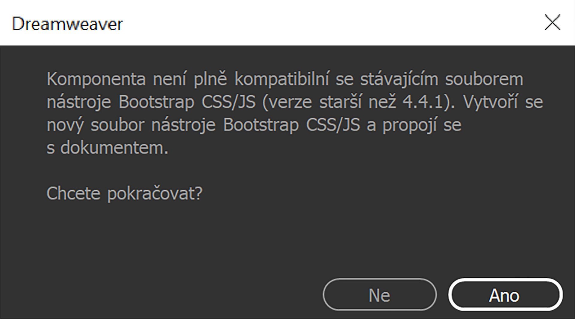 Dialog pro potvrzení kompatibility verzí