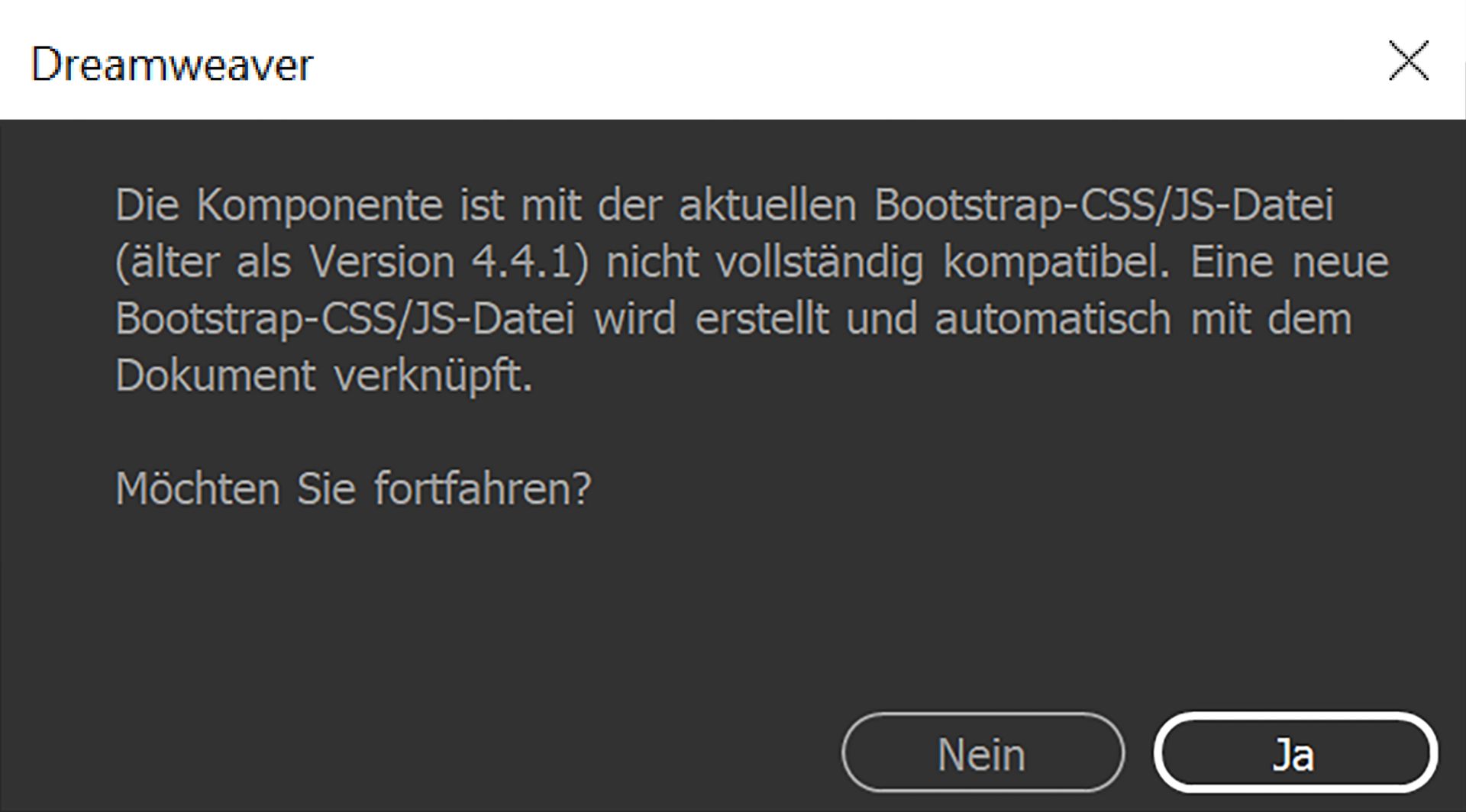 Bestätigungsdialogfeld: Versionskompatibilität