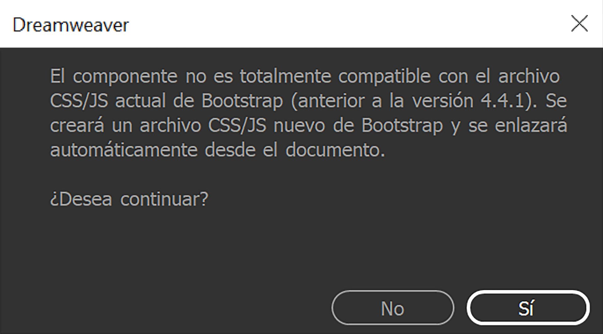 Diálogo de confirmación de compatibilidad de la versión