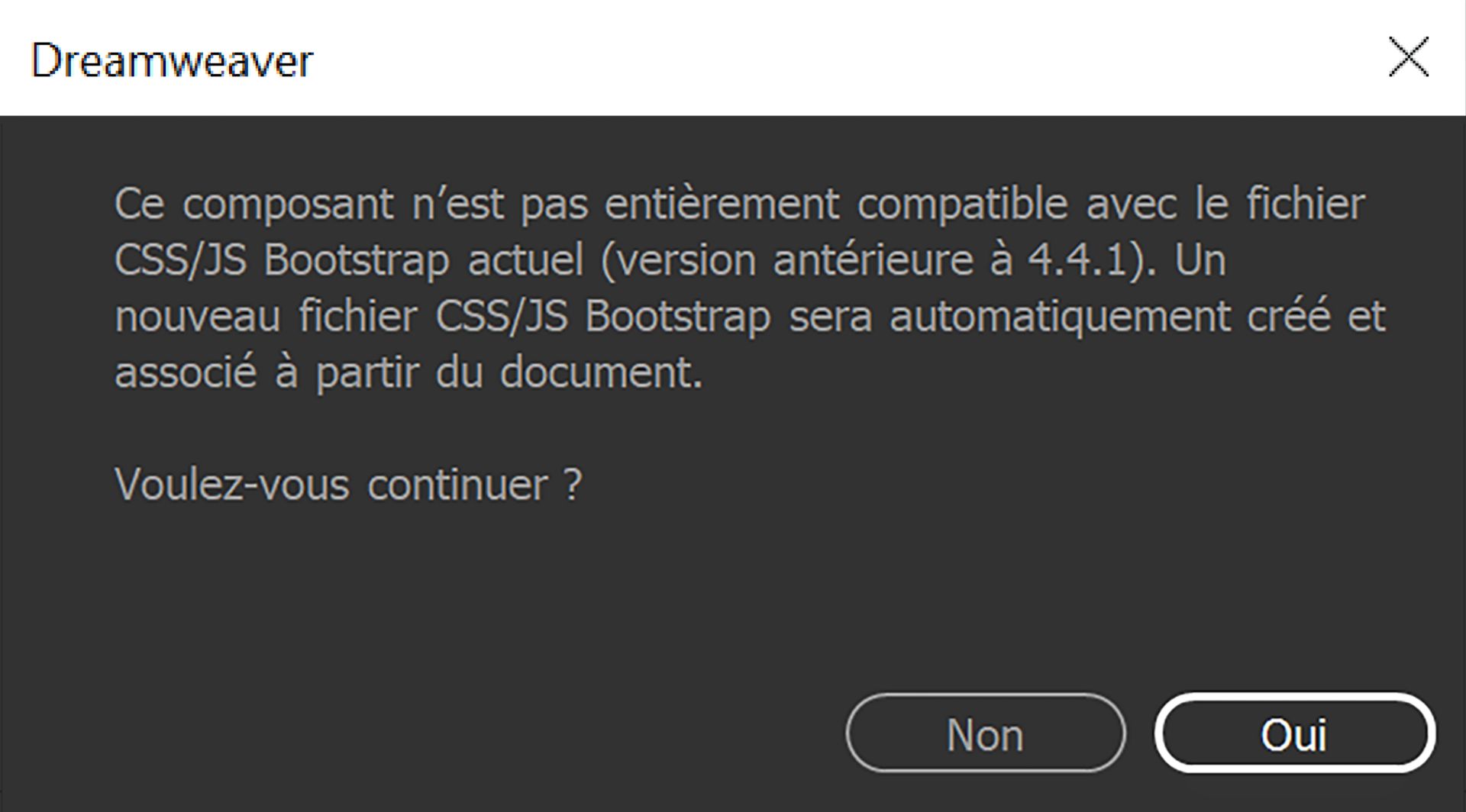 Boîte de dialogue de confirmation de compatibilité de version