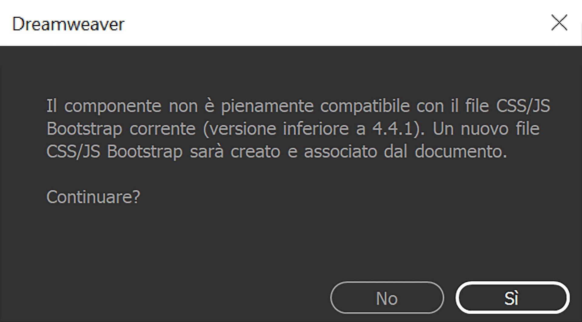 Finestra di dialogo di conferma della compatibilità della versione