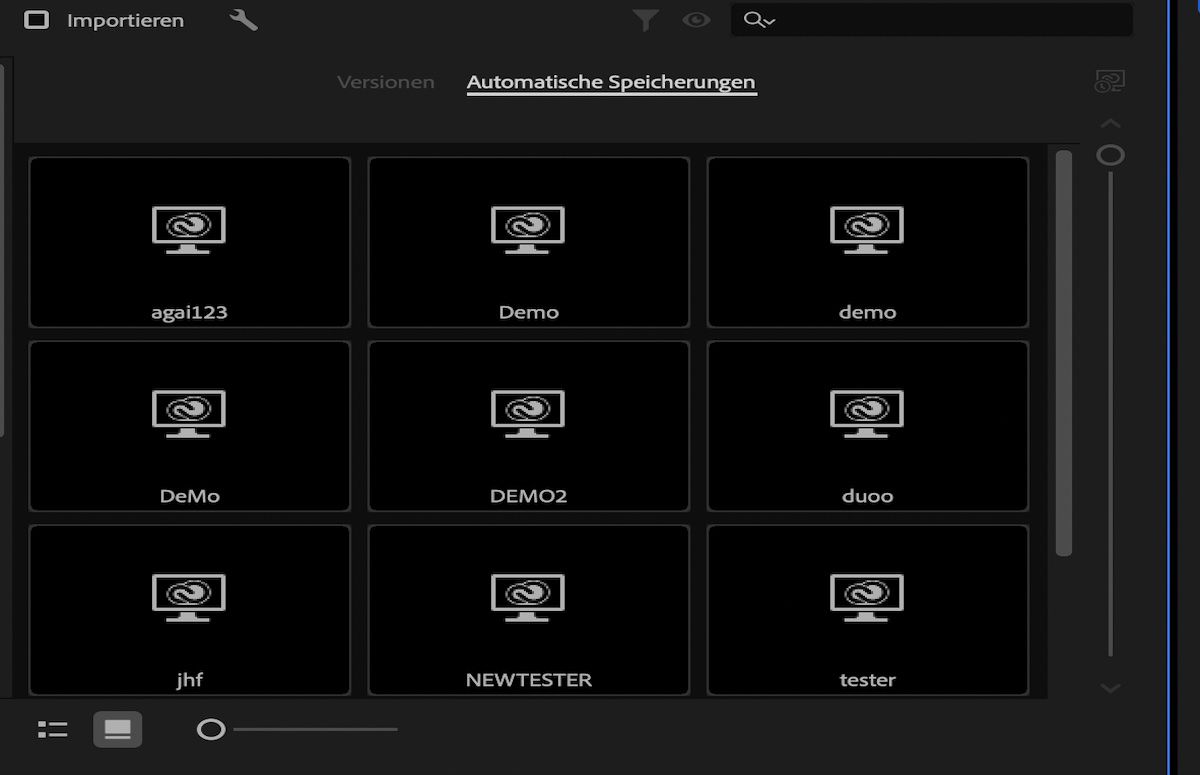 Ein Screenshot, der den vertikalen Regler unter der Registerkarte „Automatische Speicherungen“ anzeigt, um die automatischen Speicherungen zu durchsuchen.