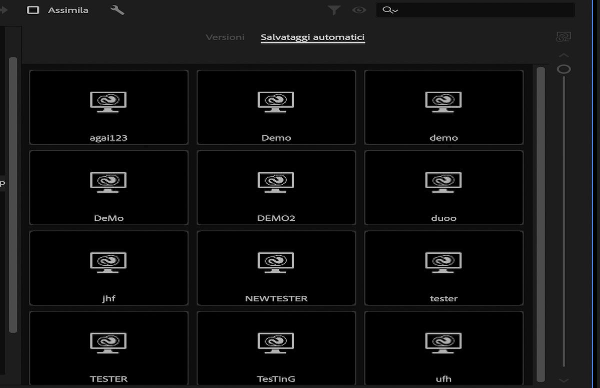 Schermata che mostra il cursore verticale nella scheda Salvataggi automatici per sfogliare i salvataggi automatici.