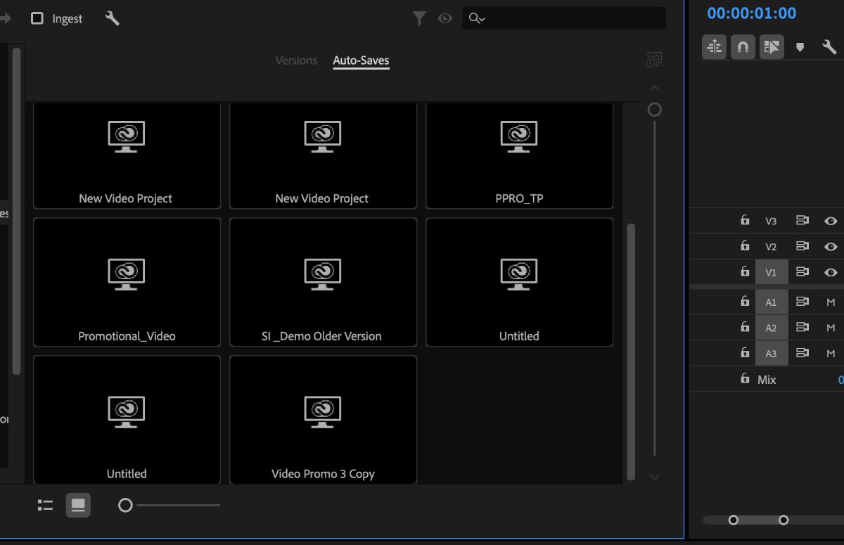 A screenshot that shows the vertical slider under the Auto-Saves tab to browse through auto-saves.