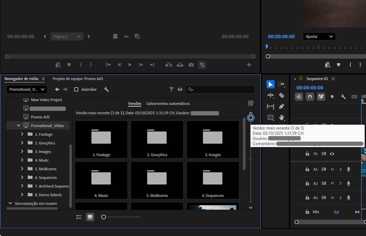 Uma captura de tela que mostra a opção Versões do projeto de equipe no painel Navegador de mídia.