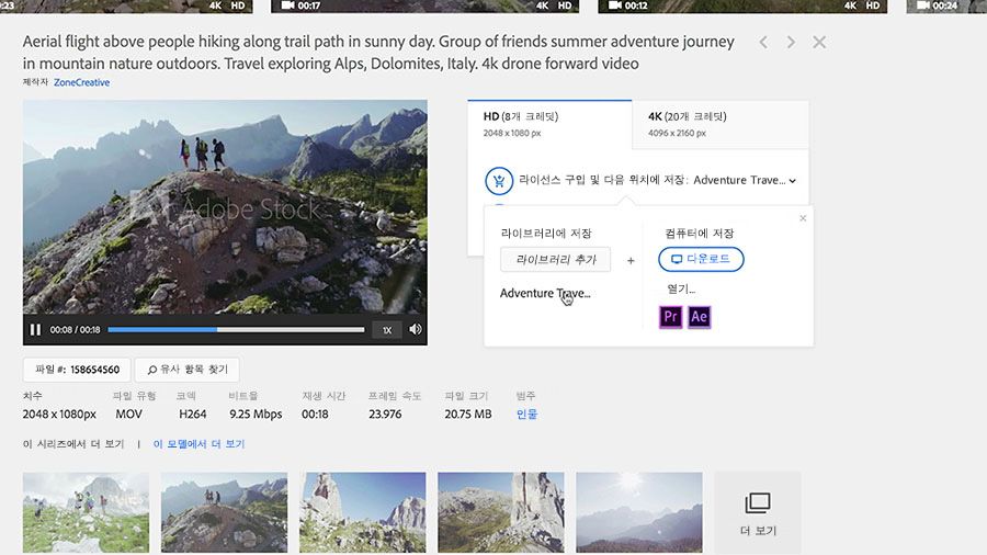 Premiere Pro 프로젝트 라이브러리에 Adobe Stock 클립 추가