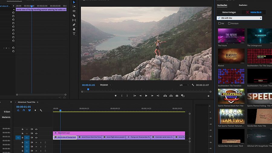 Füge Text- oder Grafiküberlagerungen zu deinem Adobe Stock-Clip in Premiere Pro hinzu.