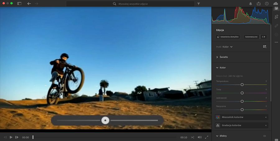 Ekran edycji w aplikacji Lightroom 