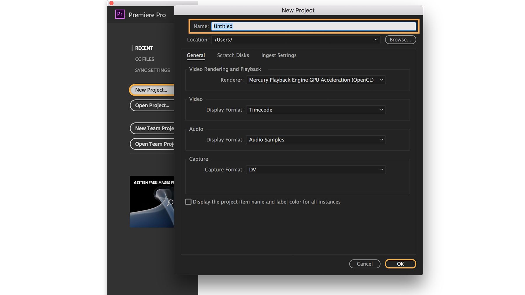 กล่องโต้ตอบ New Project ที่ไฮไลต์ช่อง Name