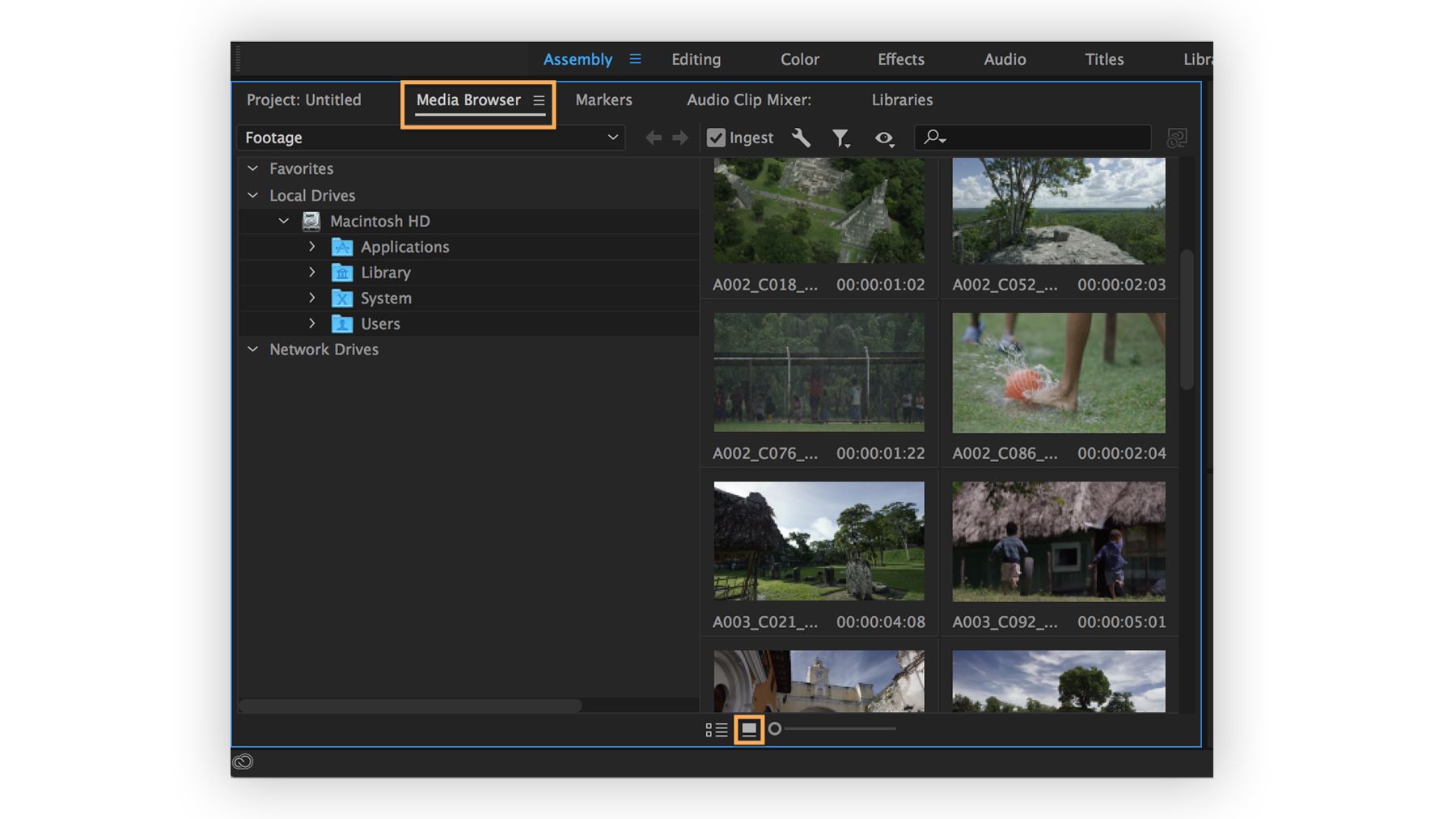 แท็บ Media Browser แสดงตารางของภาพขนาดย่อ