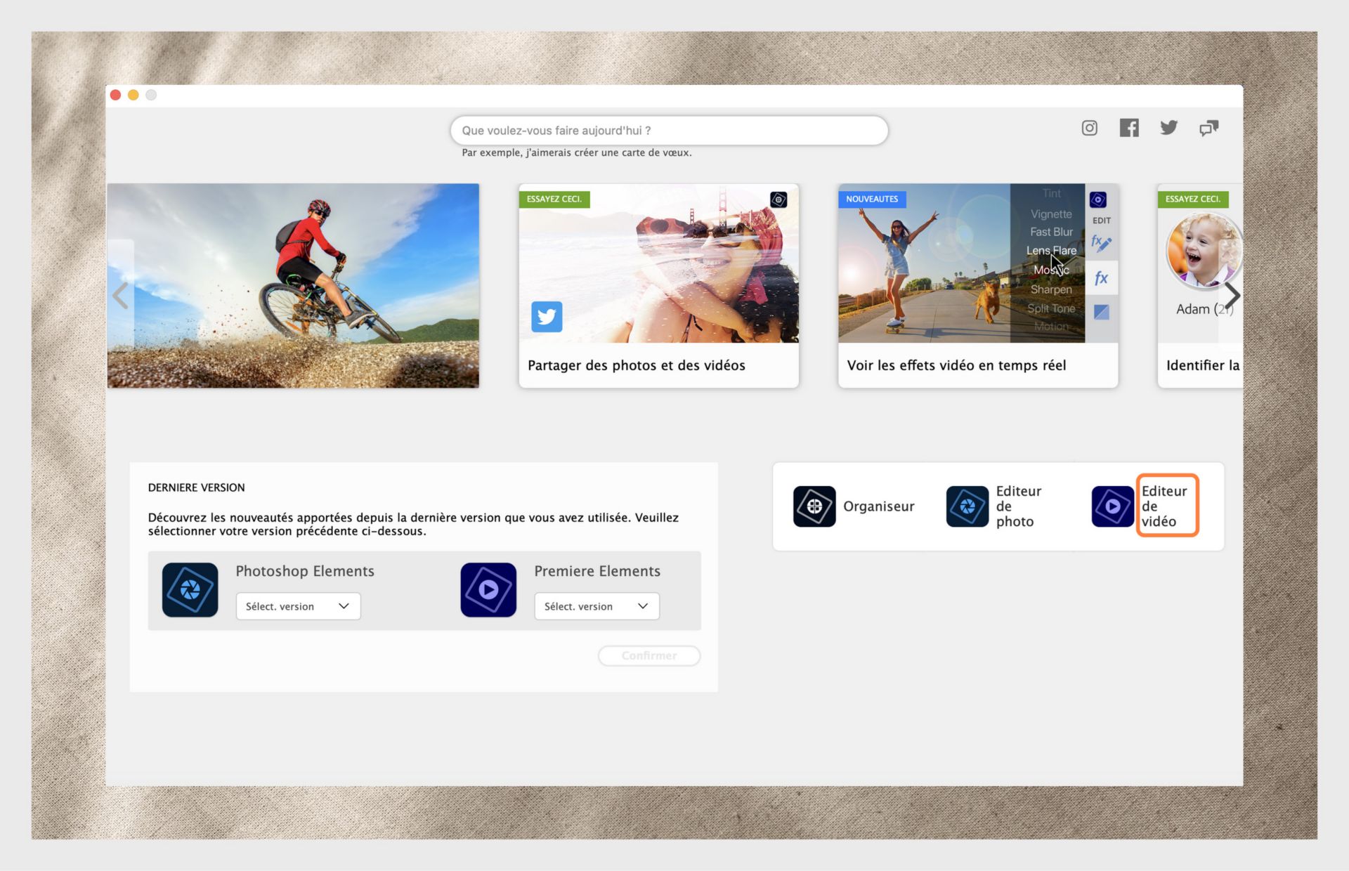 La fenêtre de l'application Elements affiche les options pour ouvrir Premiere Elements et le menu déroulant pour sélectionner la version de l'application. 