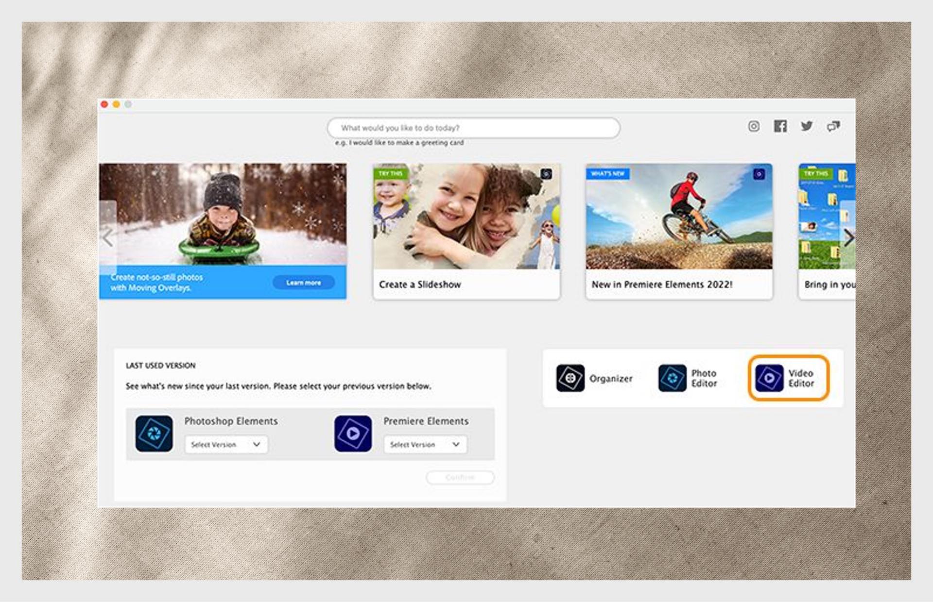 חלון היישום של Elements מציג את האפשרויות לפתיחת Photoshop Elements ואת התפריט הנפתח לבחירת גרסת היישום. 