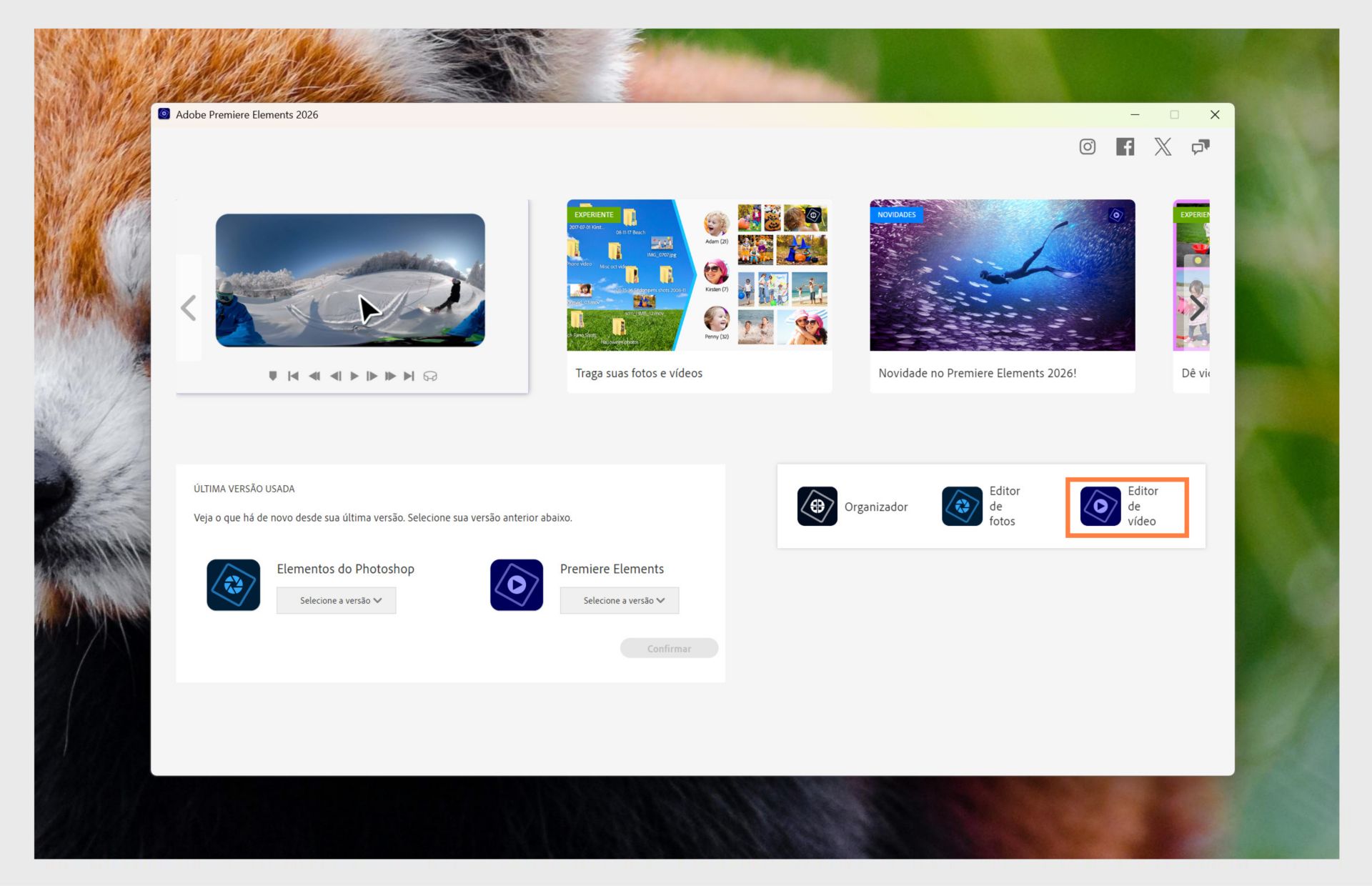A janela do aplicativo do Elements mostra as opções de abrir o Premiere Elements e o menu suspenso para selecionar a versão do aplicativo. 