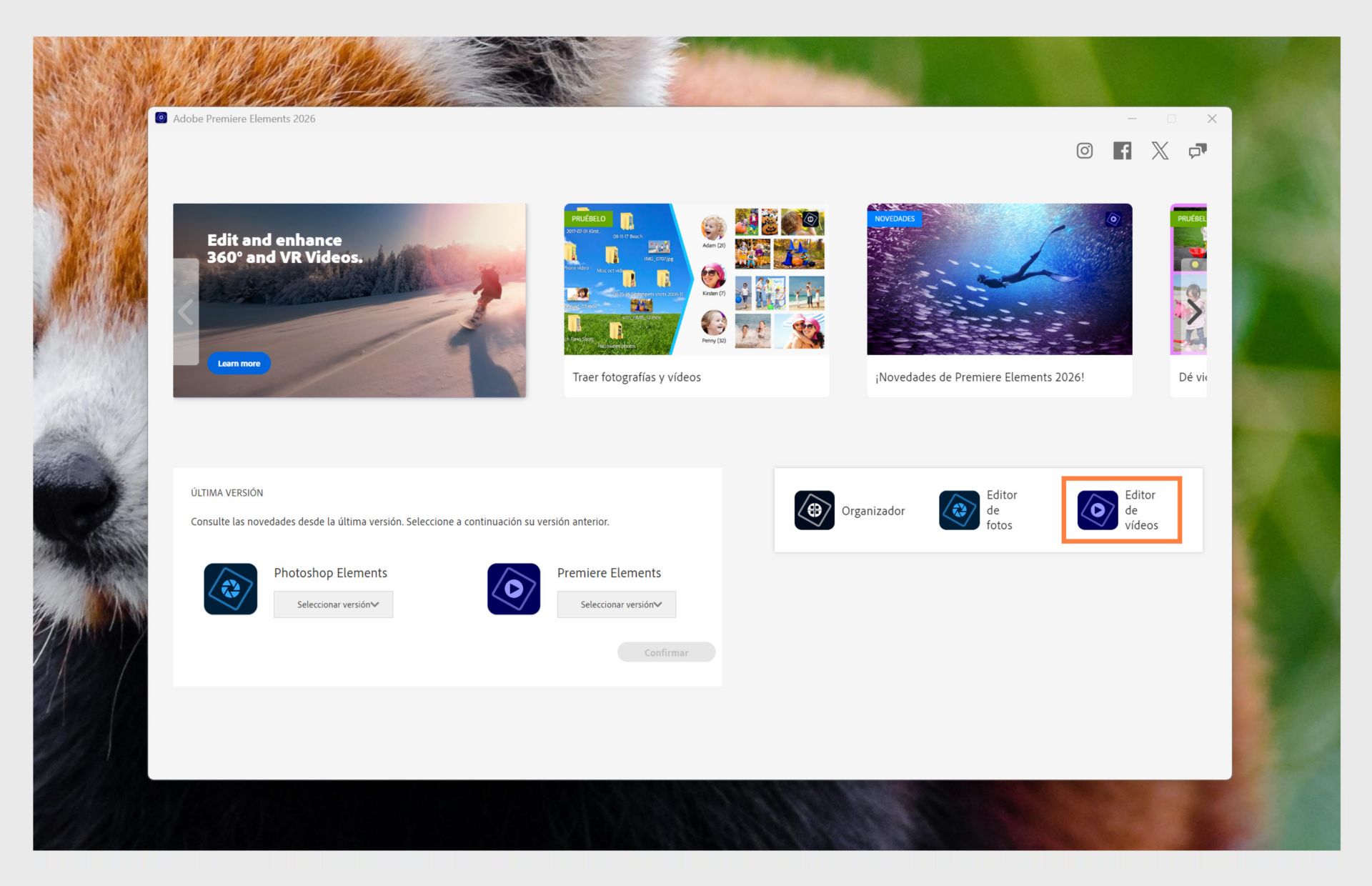La ventana de la aplicación Elements muestra las opciones para abrir Premiere Elements y el menú desplegable para seleccionar la versión de la aplicación.