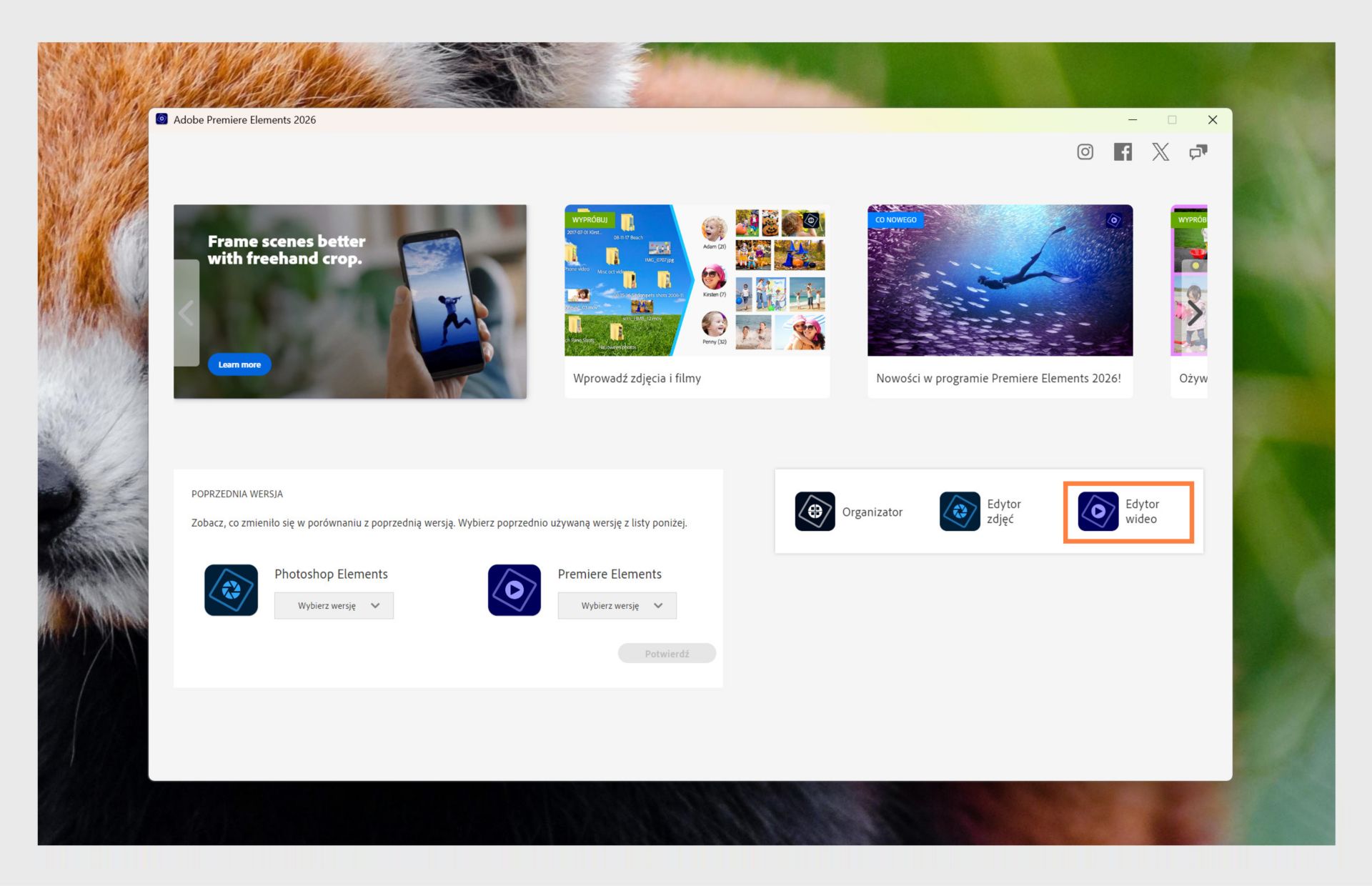 Okno aplikacji Elements pokazuje opcje otwierania programu Premiere Elements oraz menu rozwijane do wyboru wersji aplikacji.