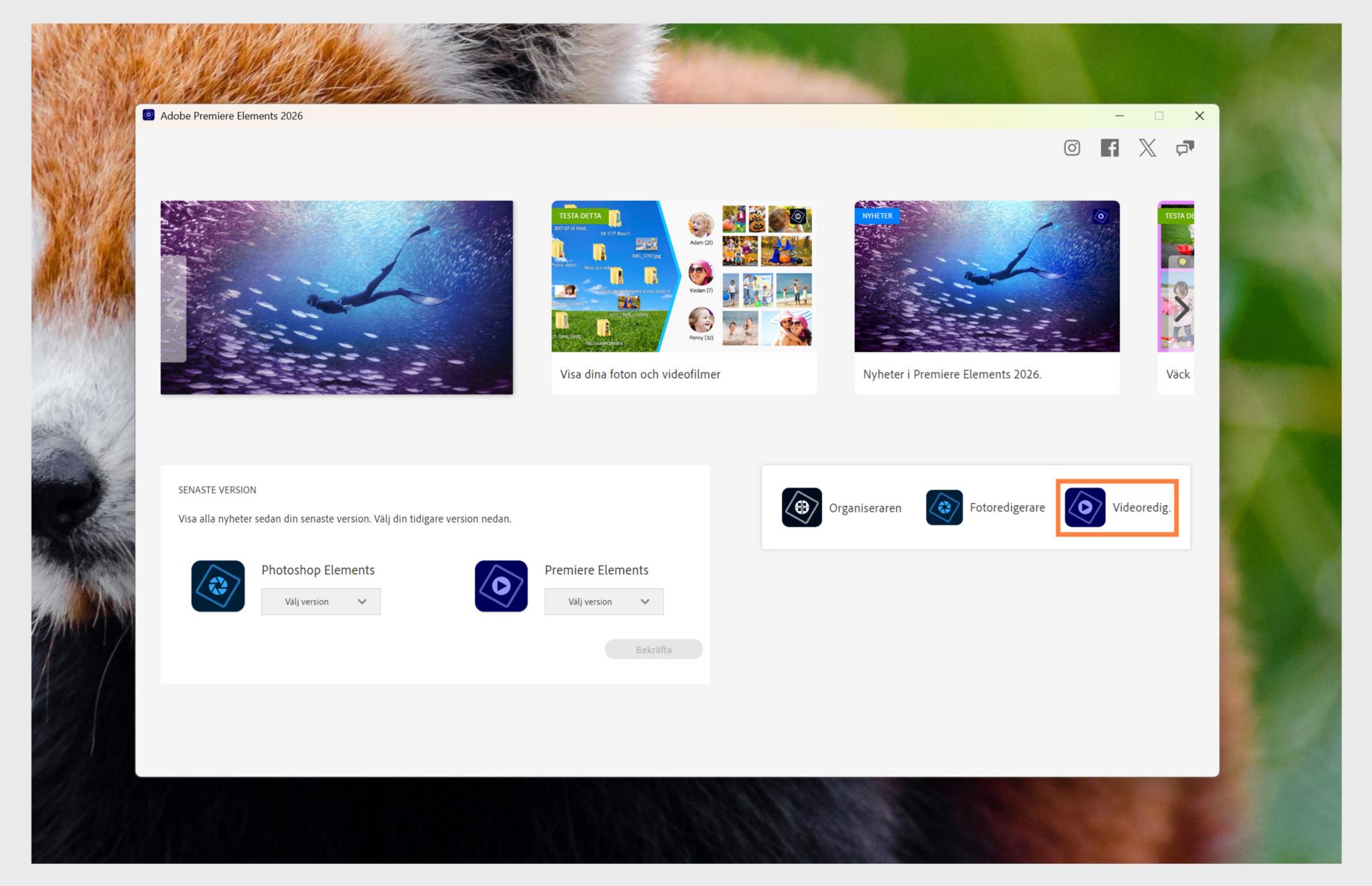 Appfönstret Elements visar alternativen för att öppna Premiere Elements och rullgardinsmenyn för att välja version av appen.