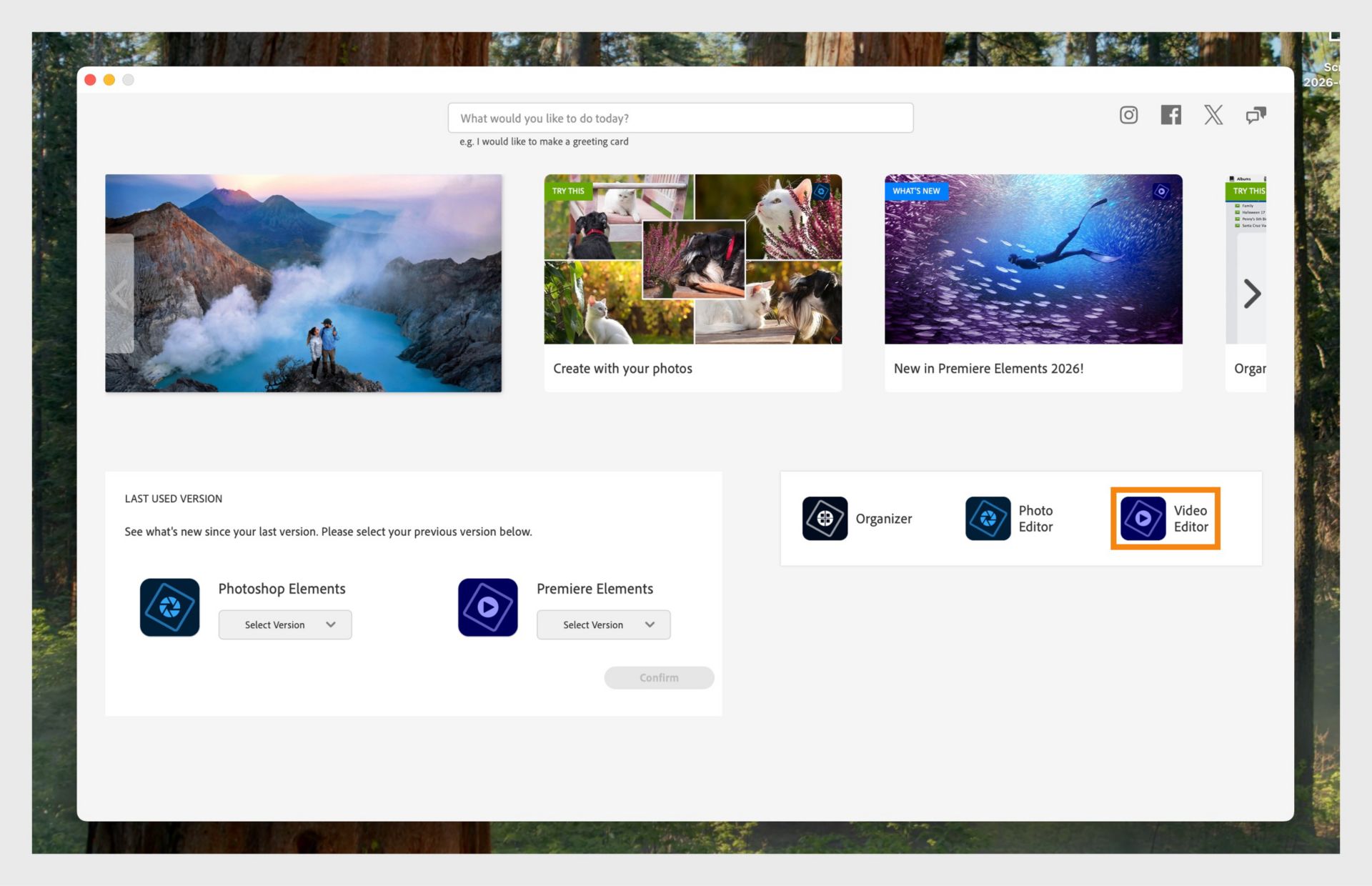 หน้าต่างแอป Elements แสดงตัวเลือกในการเปิด Premiere Elements และเมนูแบบเลื่อนลงเพื่อเลือกเวอร์ชันของแอป