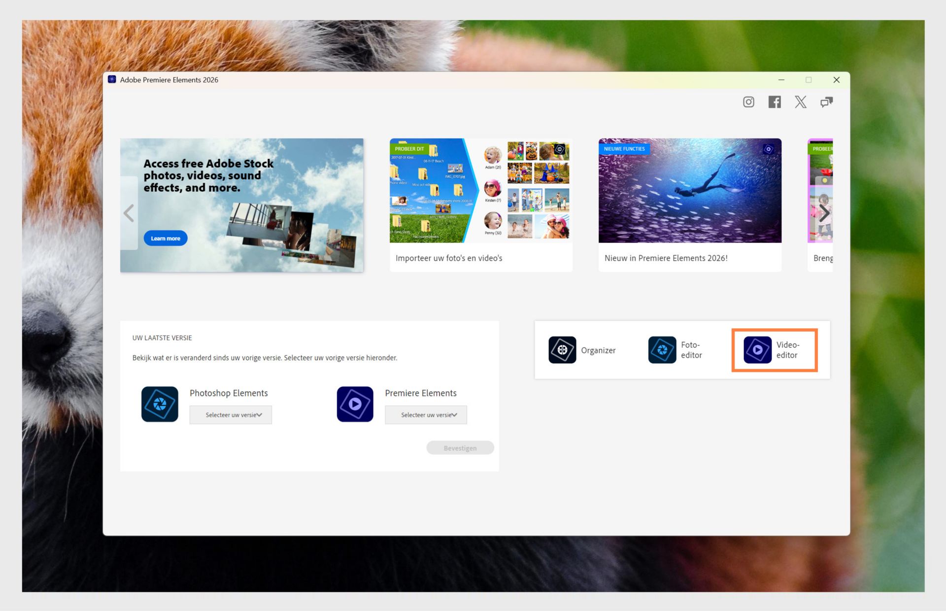 Het Elements-appvenster toont de opties om Premiere Elements te openen en het vervolgkeuzemenu om de versie van de app te selecteren.