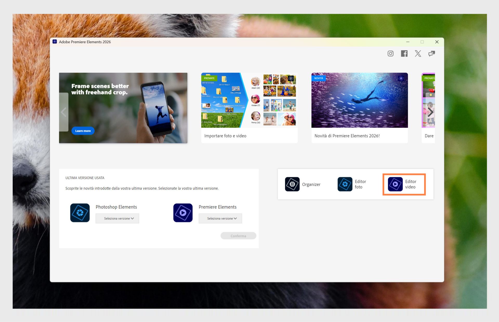 La finestra dell'app Elements mostra le opzioni per aprire Premiere Elements e il menu a discesa per selezionare la versione dell'app.