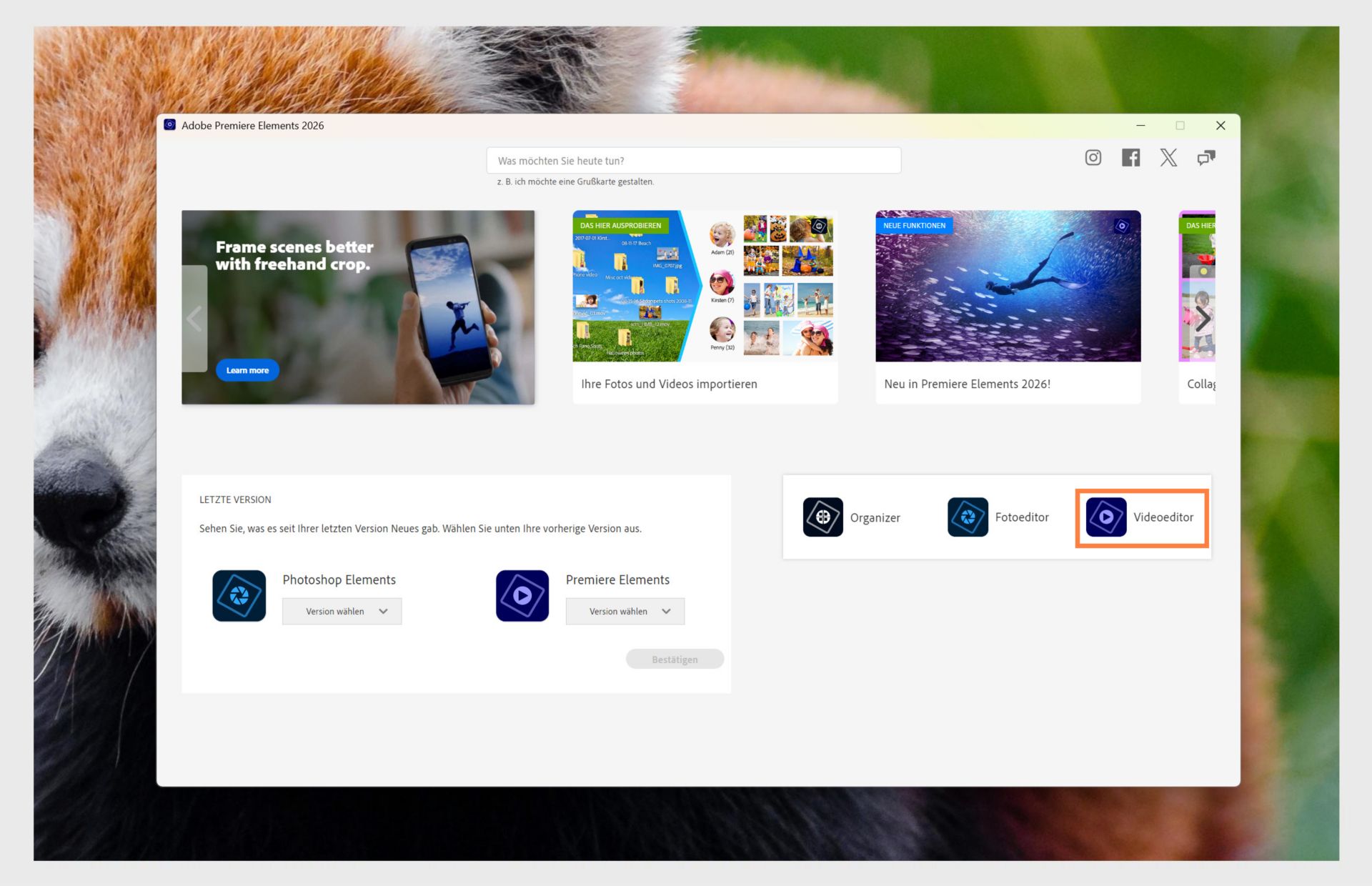 Das Fenster der Elements-Anwendung zeigt die Optionen zum Öffnen von Premiere Elements und das Dropdown-Menü zur Auswahl der Version der Anwendung. 