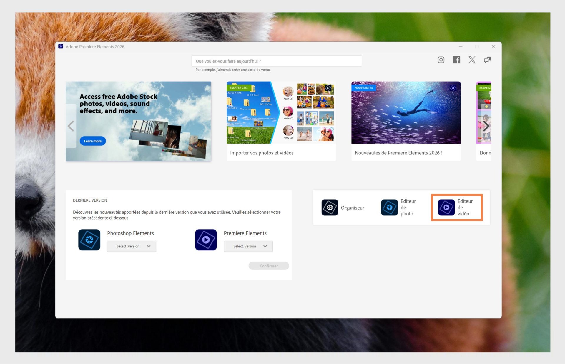 La fenêtre de l'application Elements affiche les options pour ouvrir Premiere Elements et le menu déroulant pour sélectionner la version de l'application. 
