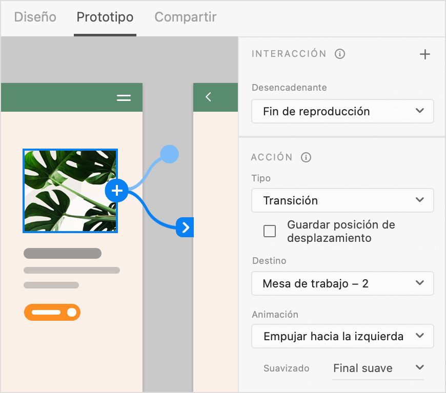 Vídeo con un desencadenador Fin de reproducción que cambia a una mesa de trabajo