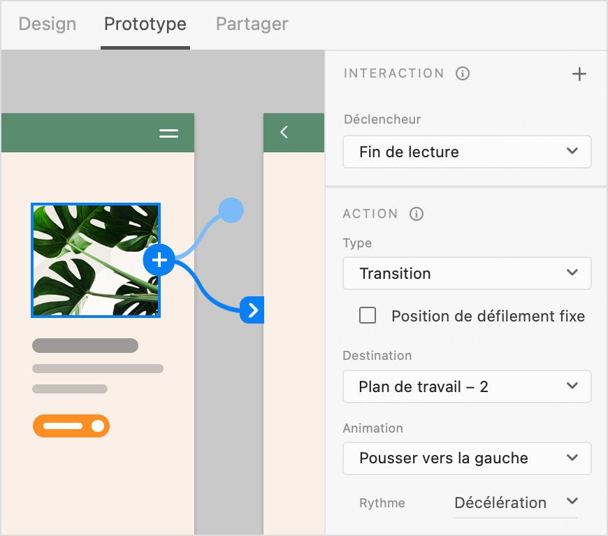 Vidéo avec un déclencheur Fin de lecture qui crée une transition vers un plan de travail