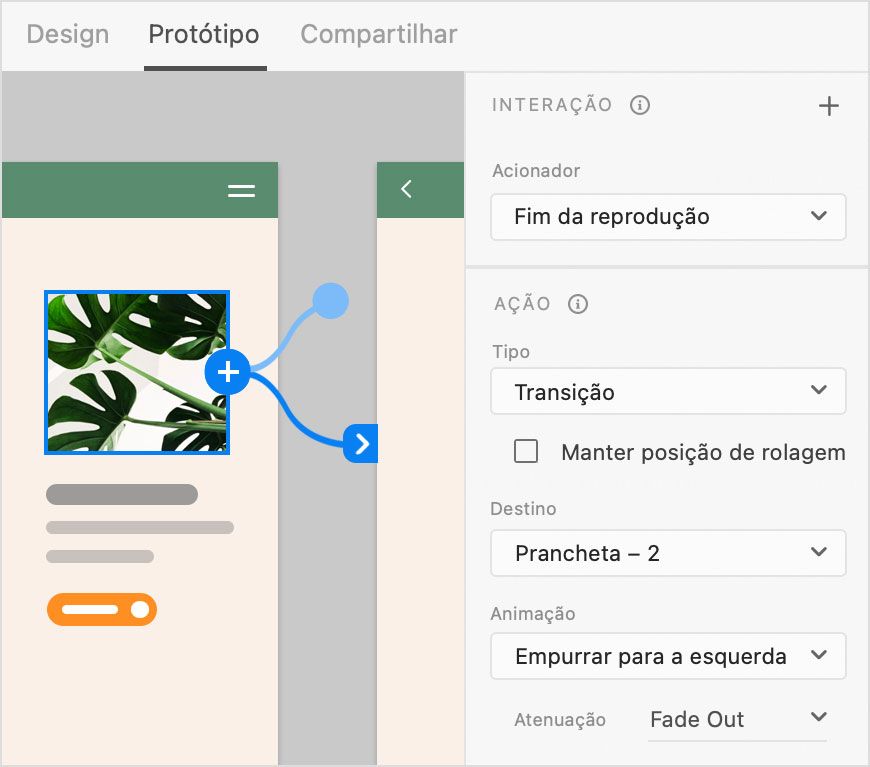 Vídeo com um acionador Fim da reprodução que faz a transição para uma prancheta