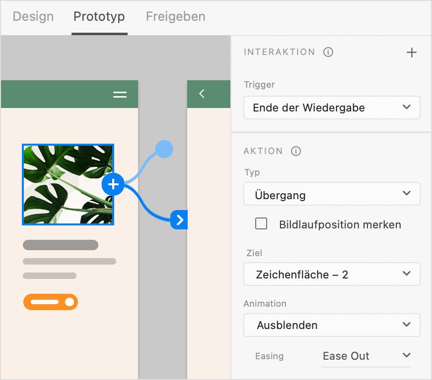 Video mit einem Trigger vom Typ „Ende der Wiedergabe”, der den Übergang zur Zeichenfläche auslöst