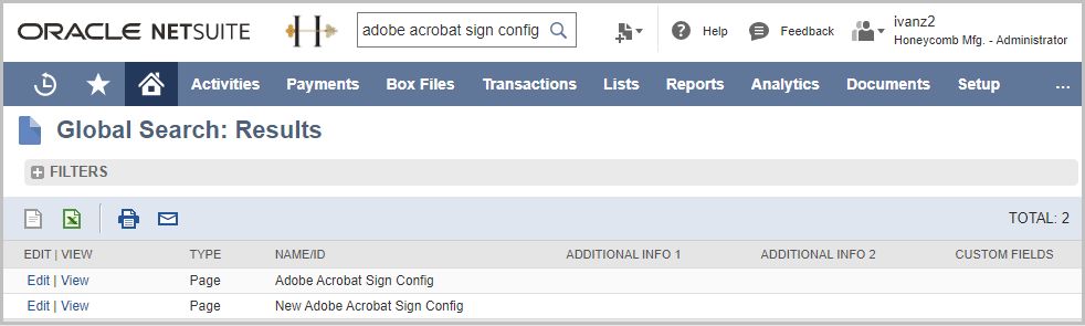 exibir a configuração do acrobat sign