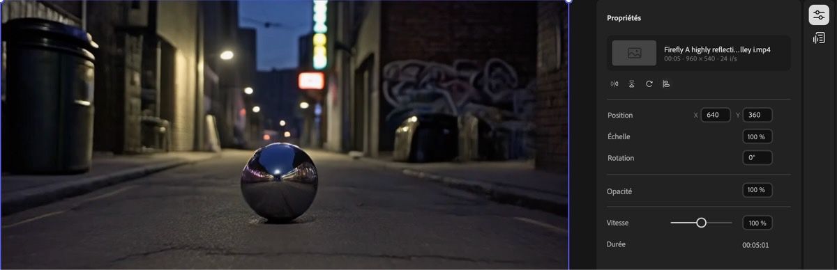 La vidéo est sélectionnée dans le montage et il existe des propriétés de clip que vous pouvez modifier. Ces propriétés incluent notamment Position, Échelle et Rotation.