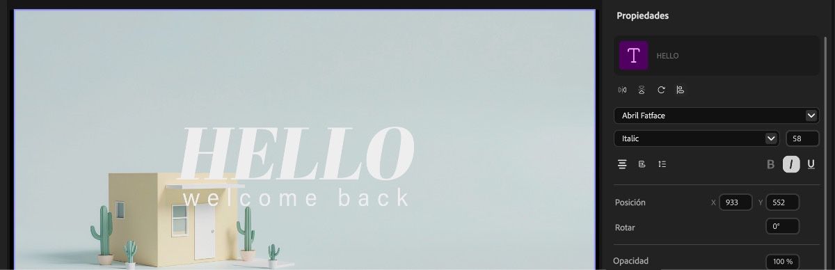 La capa de texto está seleccionada en la cronología y hay propiedades de texto que puedes editar. Estas propiedades incluyen Posición, Escala, Rotación y más.