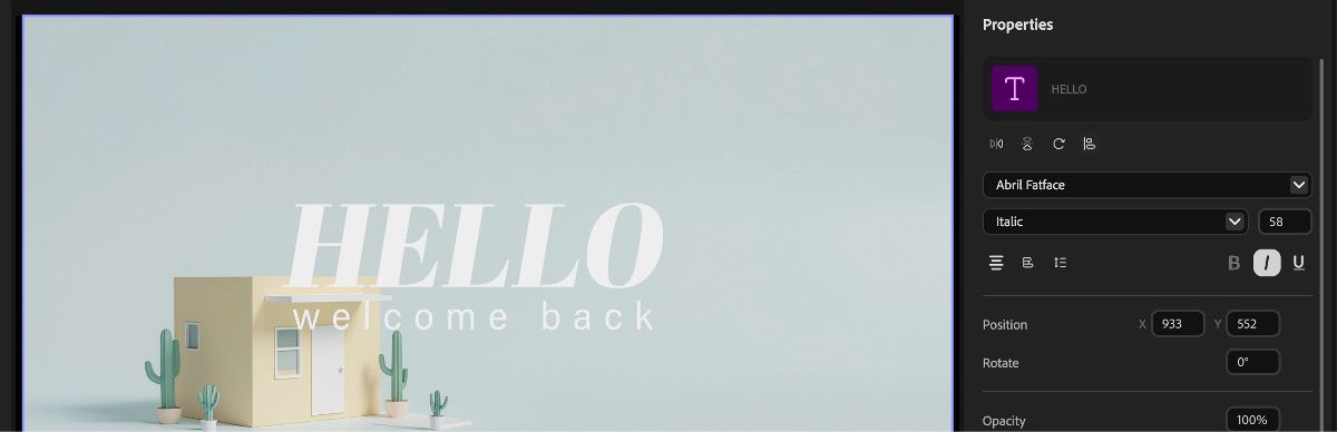 A szövegréteg ki van választva az idővonalban, és vannak szerkeszthető szövegtulajdonságok.Ezek a tulajdonságok tartalmazzák a Pozíciót, Méretezést, Forgatást és egyebeket.