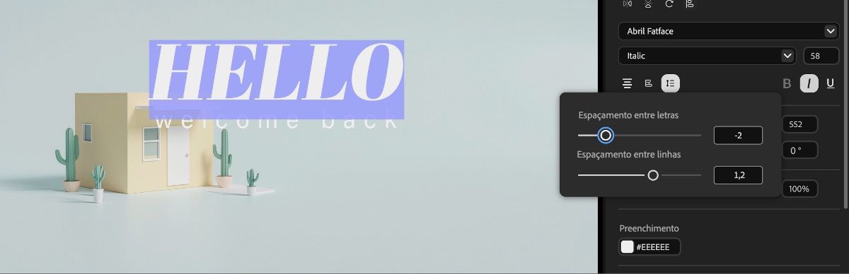 A camada de texto está selecionada na linha do tempo e há propriedades de texto que você pode editar. Essas propriedades incluem Posição, Escala, Rotação e mais.