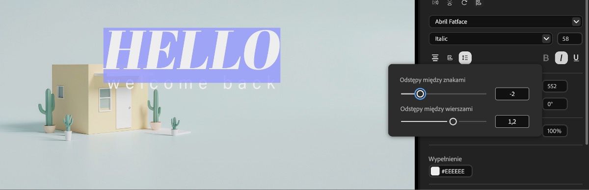 Warstwa tekstowa jest zaznaczona na osi czasu i możesz edytować właściwości tekstu. Te właściwości obejmują Położenie, Skalę, Obrót i więcej.