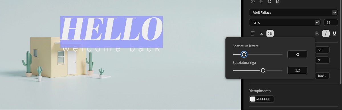 Il livello di testo è selezionato nella timeline e ci sono proprietà del testo che puoi modificare. Queste proprietà includono Posizione, Scala, Rotazione e altro.