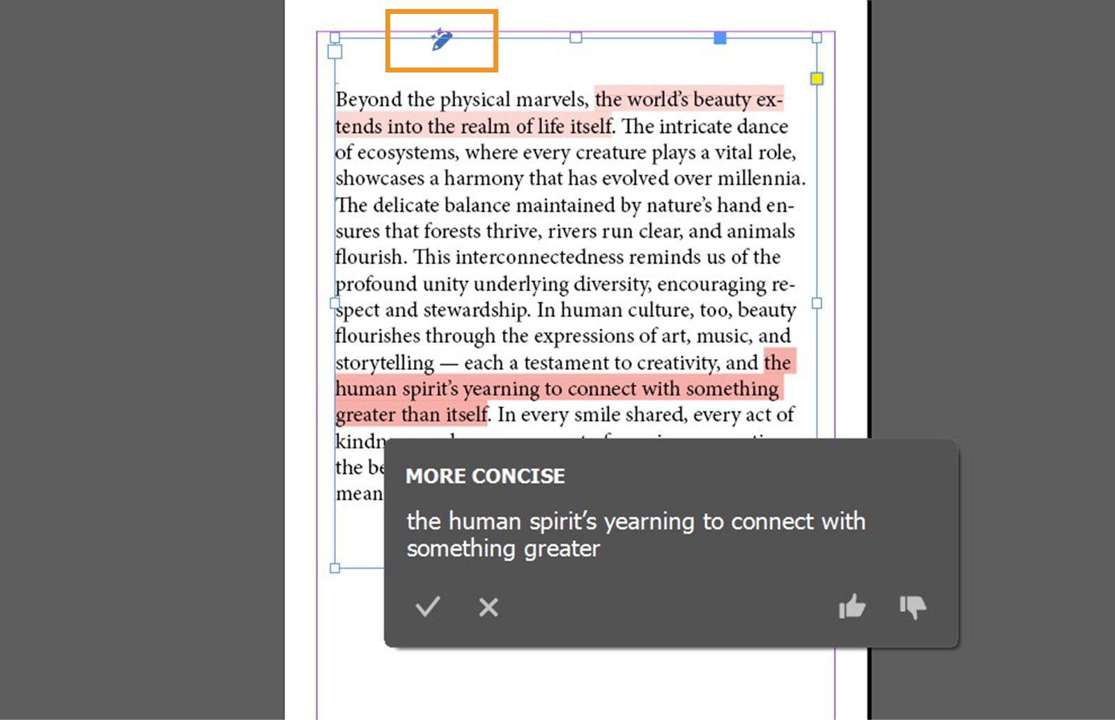  Copy suggestion card showing a recommended edit and feedback options.