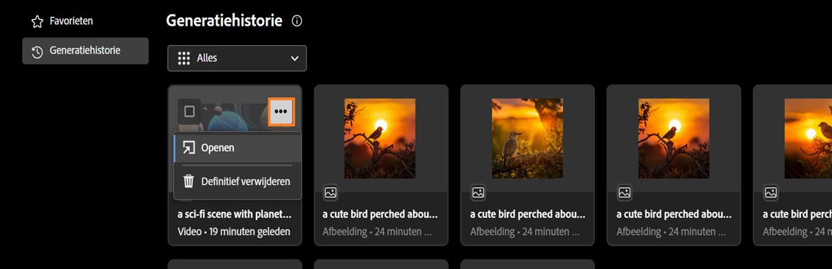 Het menu voor een gegenereerde video wordt geopend en bevat opties voor het openen of verwijderen ervan.