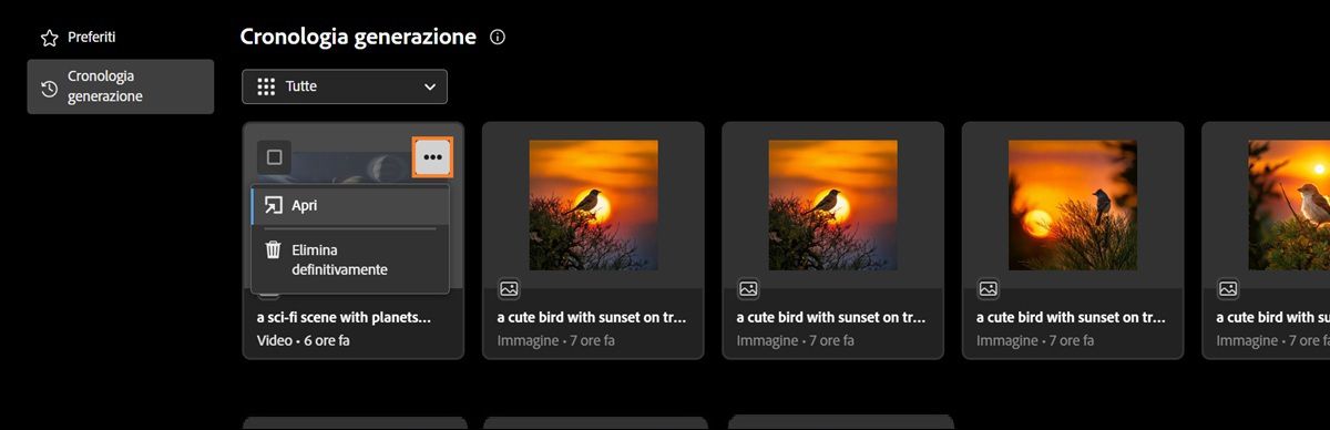 Il menu di un video generato è aperto con le opzioni per aprir o eliminare il video.