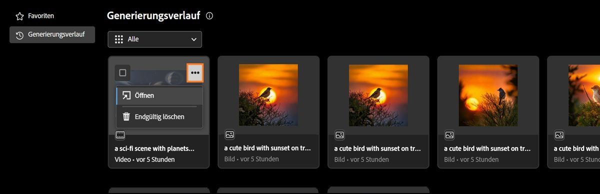 Das Menü für ein generiertes Video wird geöffnet und zeigt Optionen zum Öffnen oder Löschen an.