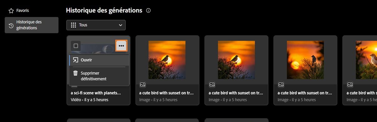 Le menu d’une vidéo générée est affiché et comporte des options permettant de l’ouvrir ou de la supprimer.