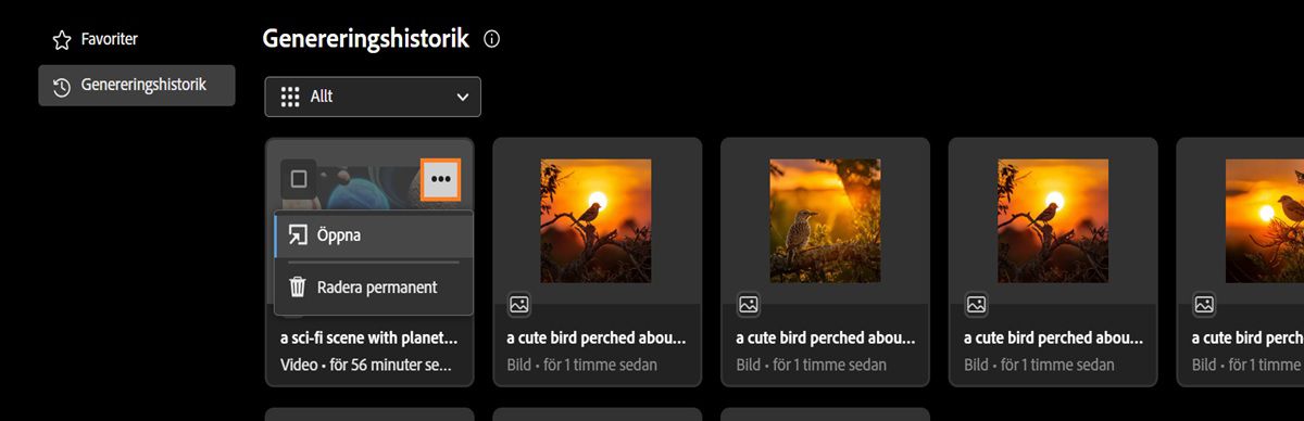 Menyn för en genererad video är öppen och visar alternativ för att öppna eller ta bort den.