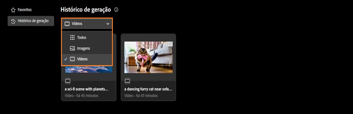 Na guia Histórico de geração, o menu suspenso oferece opções para exibir imagens geradas, vídeos ou todos os conteúdos.
