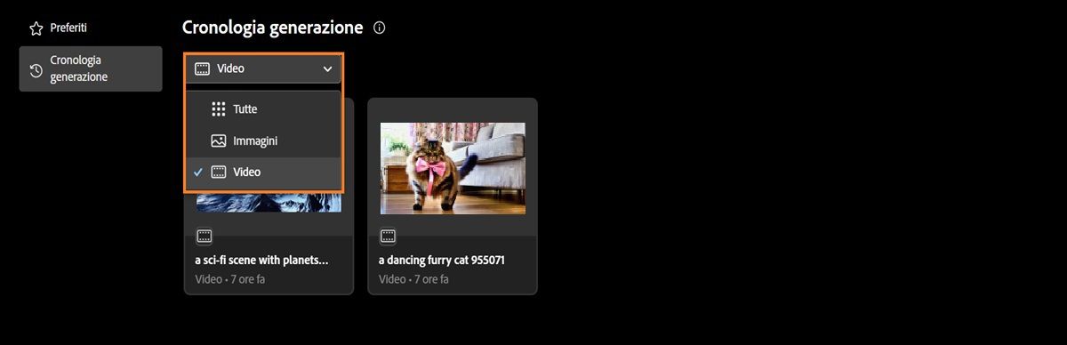 Nella scheda Cronologia generazione, il menu a discesa offre le opzioni per visualizzare immagini, video o tutto.