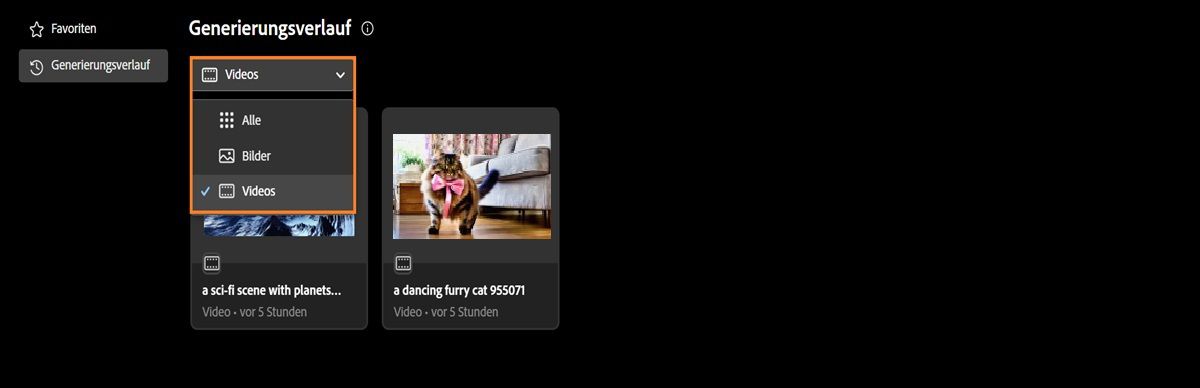 Auf der Registerkarte „Generierungsverlauf“ bietet das Dropdown-Menü Optionen zur Anzeige der generierten Bilder, Videos oder aller Inhalte.